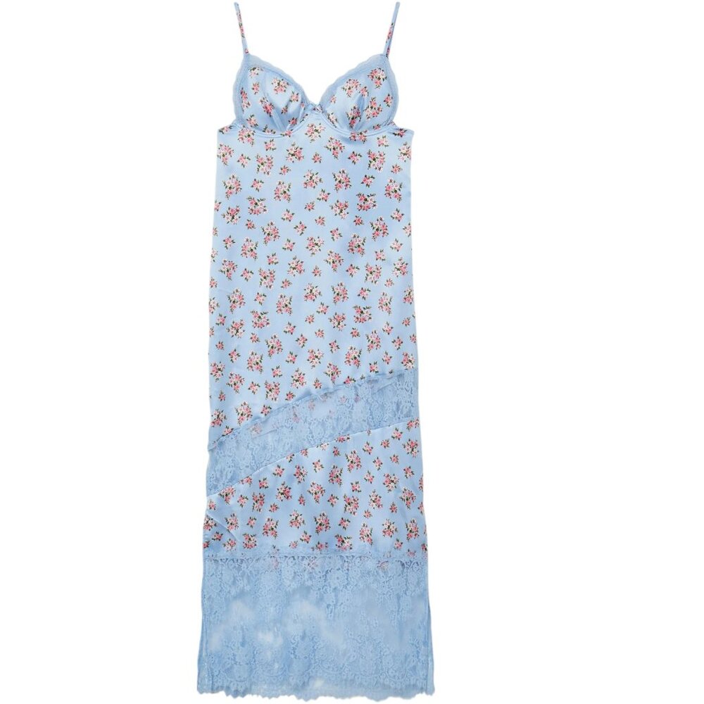 Calliope Blue Floral Lace Slip Midi Dress Coquette S 90s Balletcore Y2K Inspired